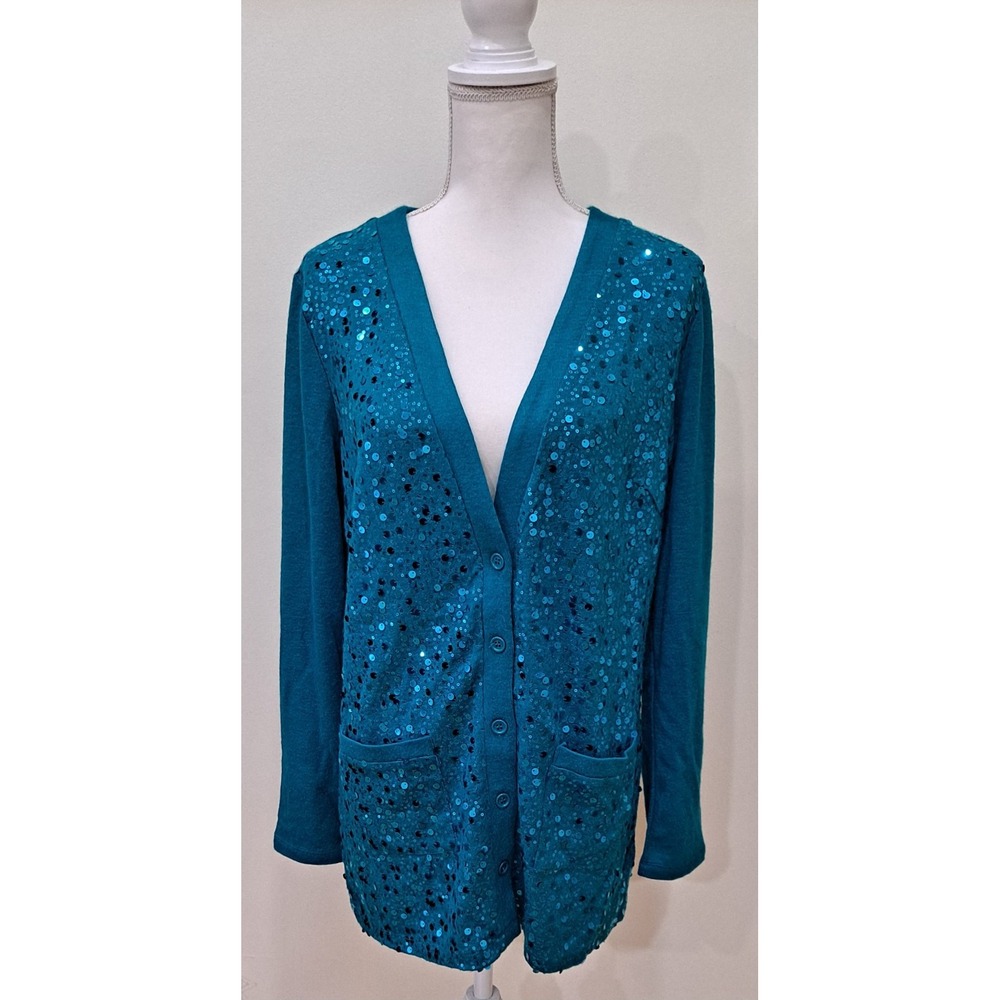 Bob Mackie Wearable Art Women's Sz. S Teal Sequin Long Sleeve Cardigan